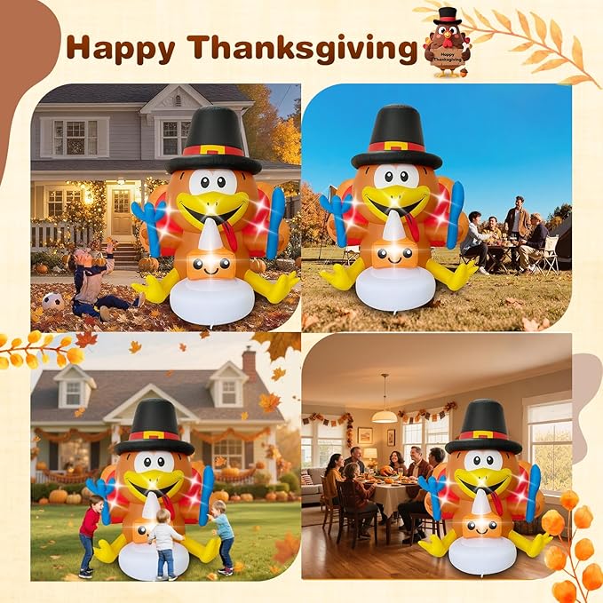 Thanksgiving Inflatables Turkey Outdoor Decorations 5FT Fall Inflatable Turkey with Built-in LED Lights with Cake Blow up Outdoor Lawn Yard Decoration