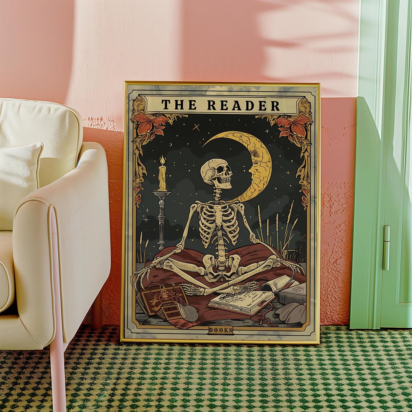 Tarot card wall art Skeleton Reader Tarot Picture Decor Library Reading Room School Decor Book Lover Witchy Gothic Halloween Canvas Paintings Gifts for Readers Book Lovers Gifts 16x24inch Unframed