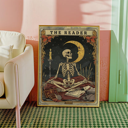 Tarot card wall art Skeleton Reader Tarot Picture Decor Library Reading Room School Decor Book Lover Witchy Gothic Halloween Canvas Paintings Gifts for Readers Book Lovers Gifts 16x24inch Unframed