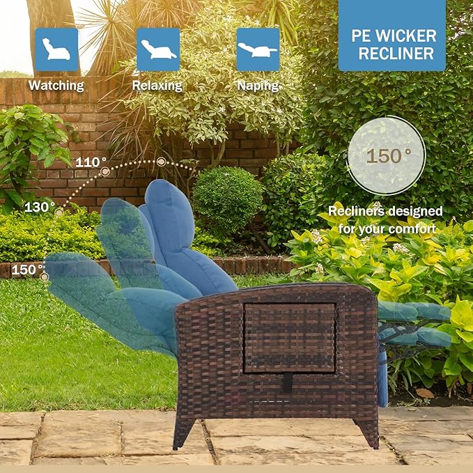 Upgraded Outdoor Recliner Chair, Reclining Patio Chairs with Adjustable Back up to 150°Lay Flat and Extended Footrest, Wicker Recliner Chairs with Flip Table and Removable Olefin Cushion
