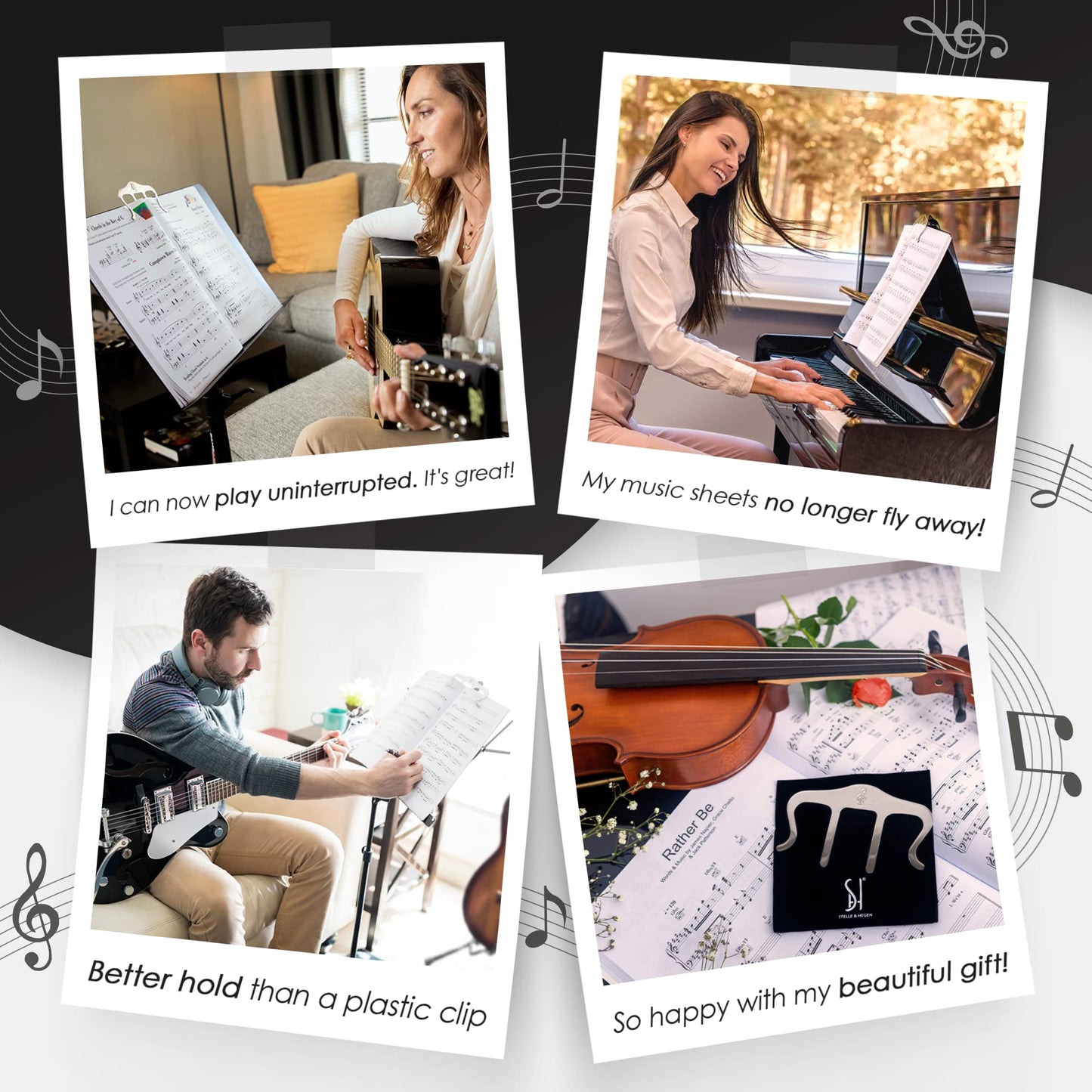 Stelle & Hegen Sheet Music Holder for Music Stand - Polished Stainless Steel Page Holder with Treble Clef Design for Piano Books (Classic Edition)