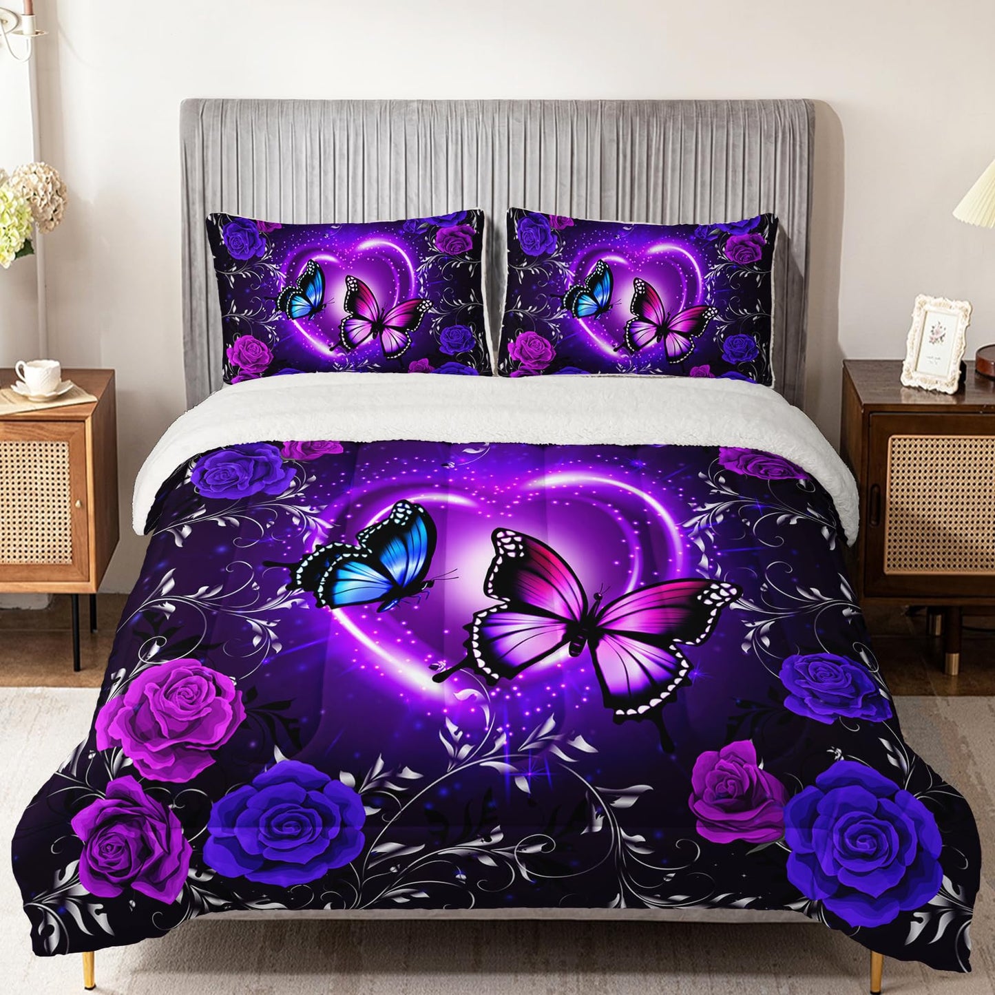 QOOMO Blue Butterfly Soft Sherpa Comforter，Blue Flower Plush Warm Fall Winter Bedding Sets for Girls Boys，Star Sky Ultra-Soft Sherpa King Comforter Set with 2 Pillow Shams，3 Piece Set