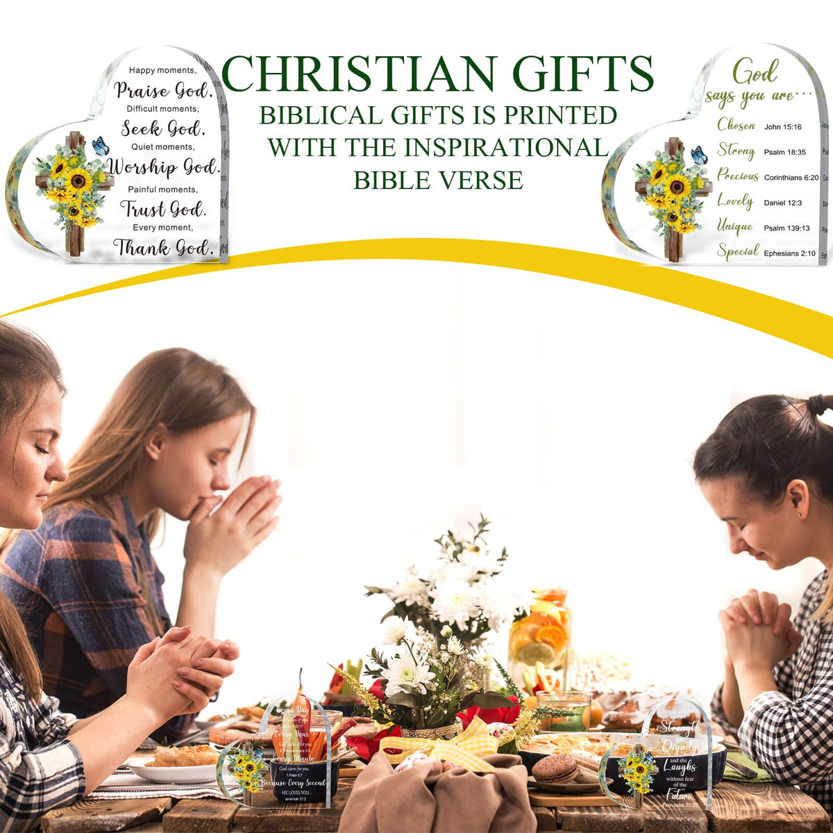 12 Set Acrylic Christian Gifts Inspirational Bible Verse Gifts Set Include 12 Sunflower Heart Paperweight 12 Organza Bags 12 Thank You Cards Scripture Religious for Women Men Christmas