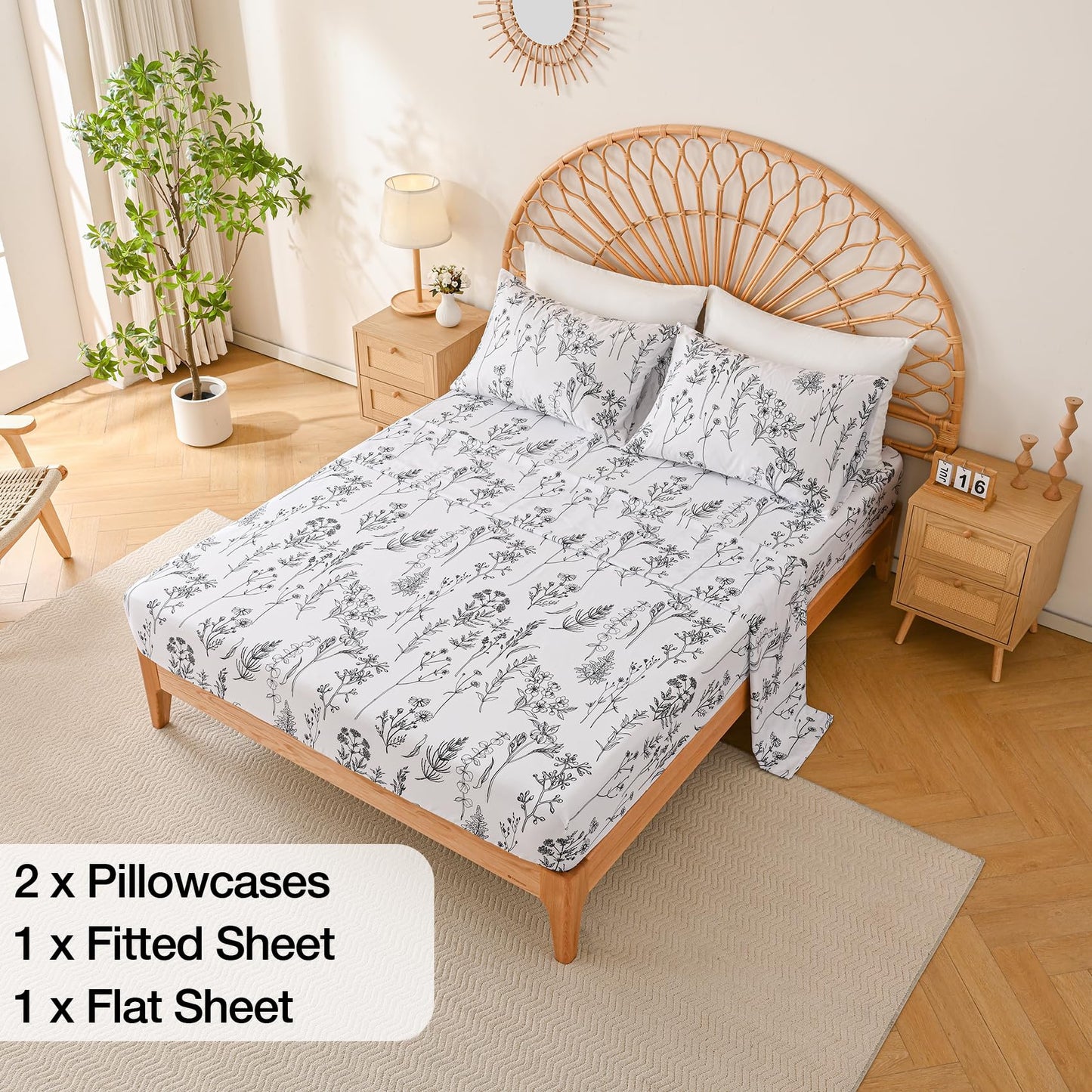 Yibeizi Floral Printed Sheet Set King, Boho Botanical Rustic Pattern Bed Sheets Microfiber Bedding Sheets & Pillowcases Soft 15" Extra Deep Pocket Fitted Bedsheet 4 Piece