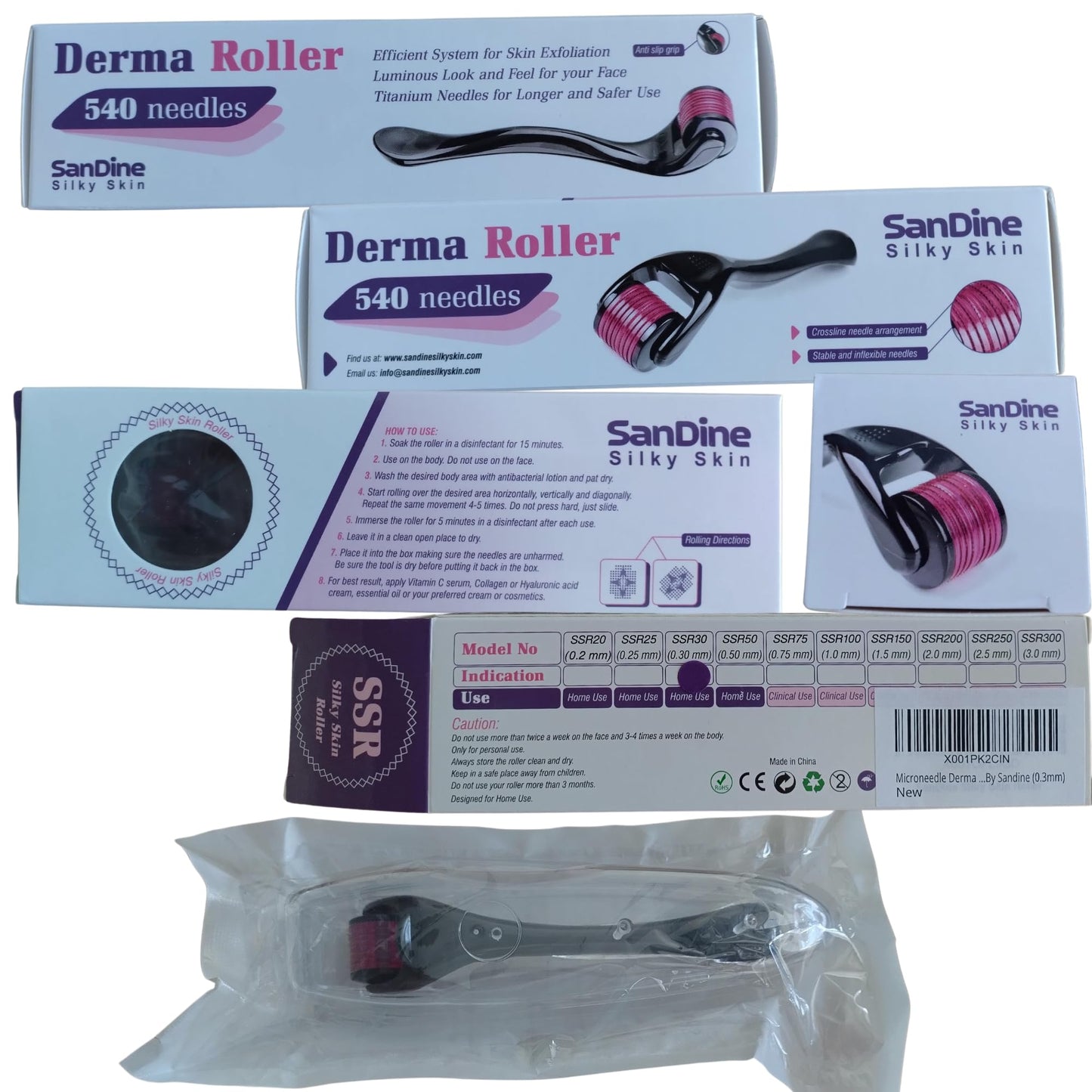 Microneedle Derma Roller - 540 Micro Needle Skin Care System - Ideal to Keep Your Skin Young and Radiant - Titanium for Silky Smooth and Beautiful Skin - Includes FREE E-Book -By Sandine (0.3mm)