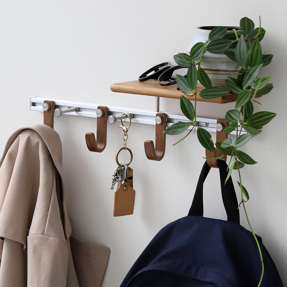XAOHOME Wall Mounted Coat Rack with Shelf, Modular Entryway Hooks Organizer, Adjustable Aluminum Rail with Wooden Hooks, Expandable Storage for Entryway, Hallway, Mudroom