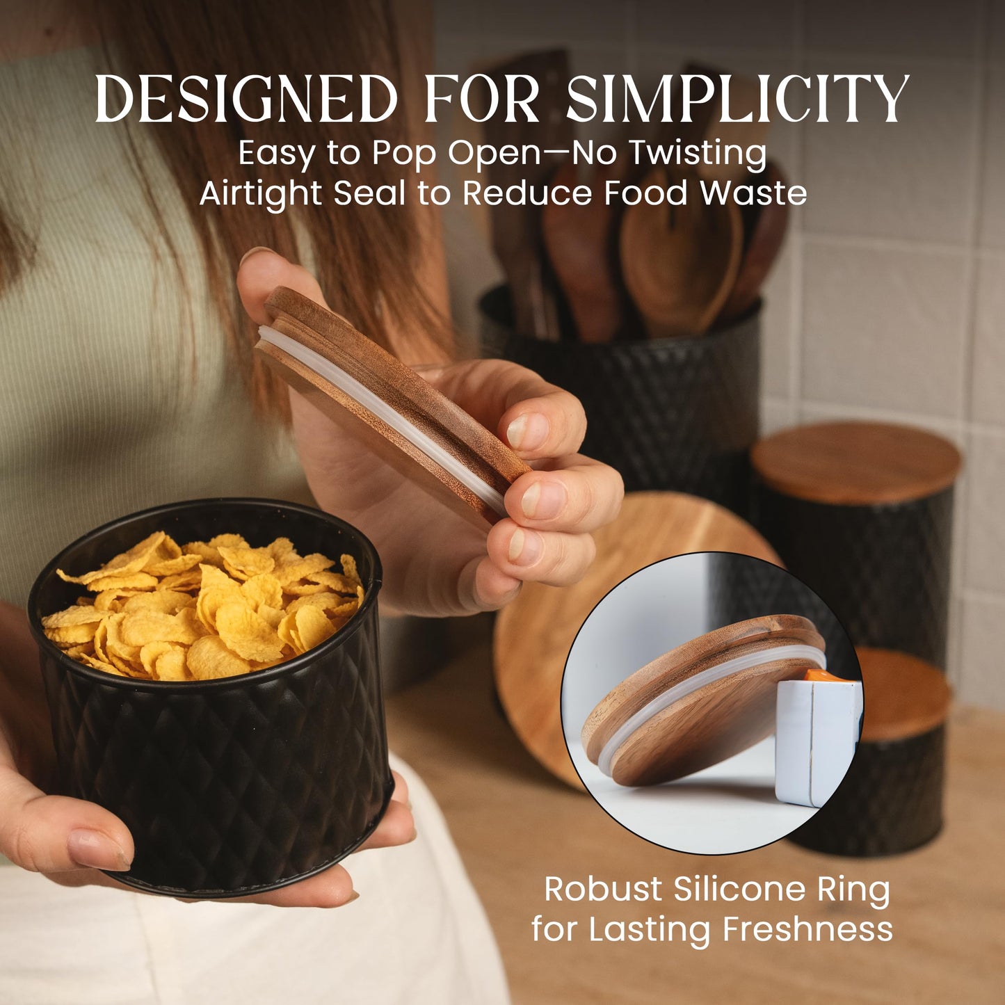 Alasitas 6 Canister Set for the Kitchen Countertop – Metal Food Storage Canisters with Airtight Lids for Flour, Tea, Crafts, Coffee, & Sugar – Container Set with Modern Wood Lids, Black