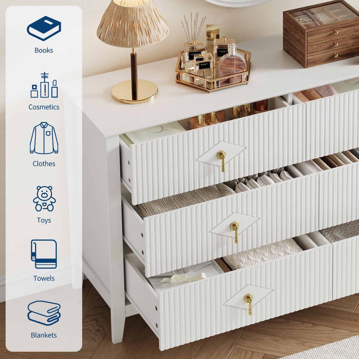 GarveeHome Fluted Dresser for Bedroom, 54 Inch Wide 6-Drawer Wood Dresser, Modern Chest of Drawers, Storage Organizer Cabinet for Living Room, Hallway, Entryway, White