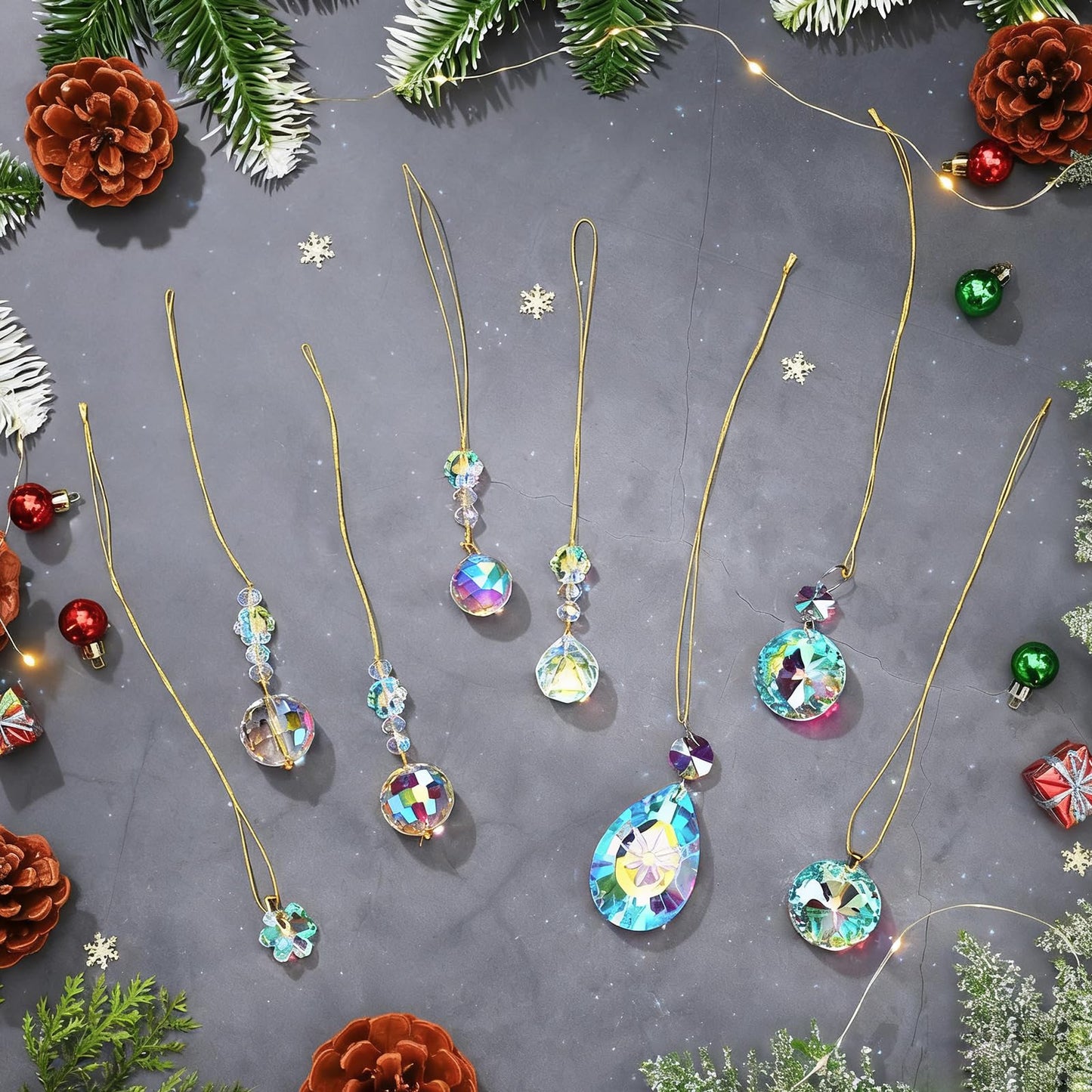 Misdary 36 Pcs Crystal Iridescent Ornaments for Christmas Tree Hanging Crystal Glass Ball Decorations Hanging Xmas Teardrop Prism Glass Ball for Xmas Party Wedding Home Decor
