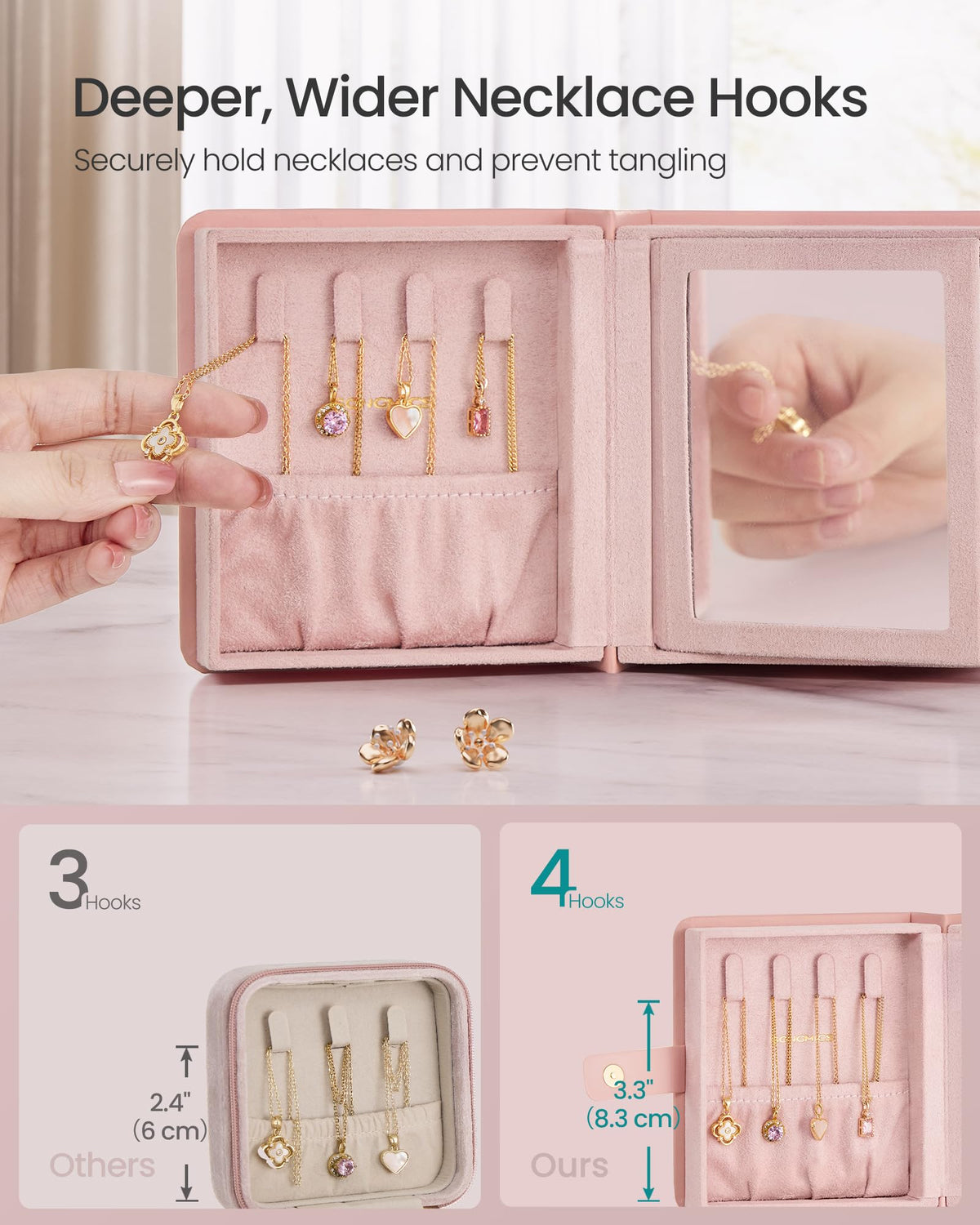 SONGMICS Jewelry Box Organizer with Mirror, Travel Jewelry Case with Pocket for Bracelet, Interlayer, 4.6 x 5.2 x 2.8 Inches, Portable, Book Design, Faux Suede Lining, Gift Idea, Jelly Pink UJBC189R01
