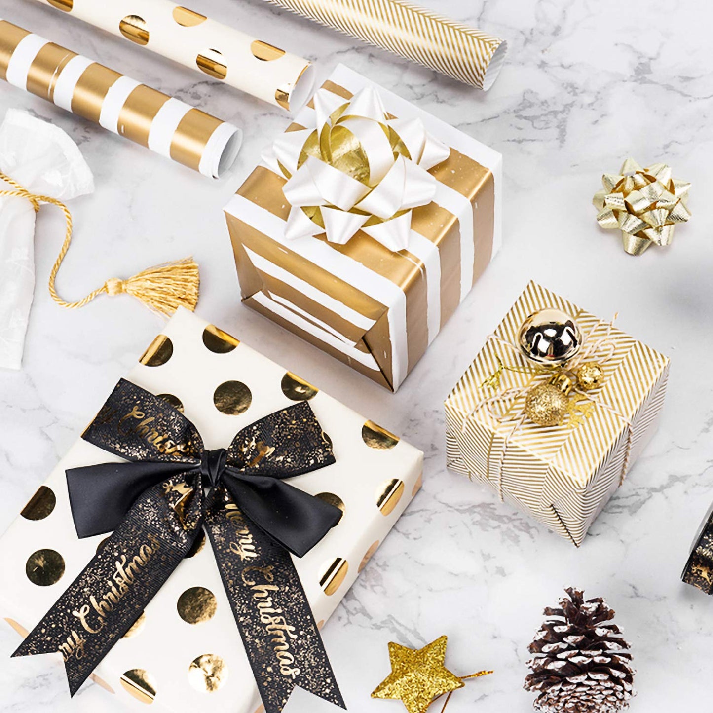 WRAPAHOLIC 30 Inch Gold Wrapping Paper Roll - Jumbo Roll Gold Gift Wrapping Paper for Christmas, Birthday, Holiday, Wedding, Baby Shower - 3 Rolls - 30 inch x 120 inch Per Roll