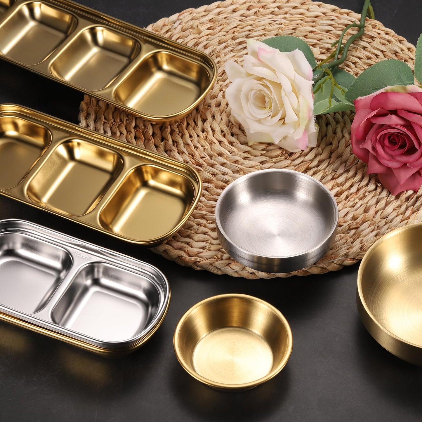 uxcell 3 Pack Stainless Steel Sauce Dish Dipping Bowls with 4 Compartment Divided, Metal Seasoning Plate Dipping Bowl for Sauce or Dressing, Gold