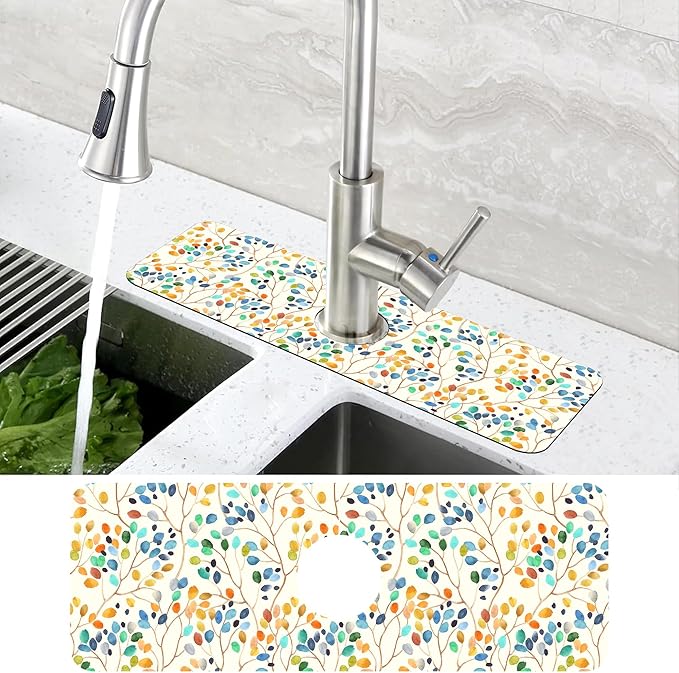 Abstract Watercolor Leaves Sink Faucet Absorbing Mat Sink Splash Guard Faucet