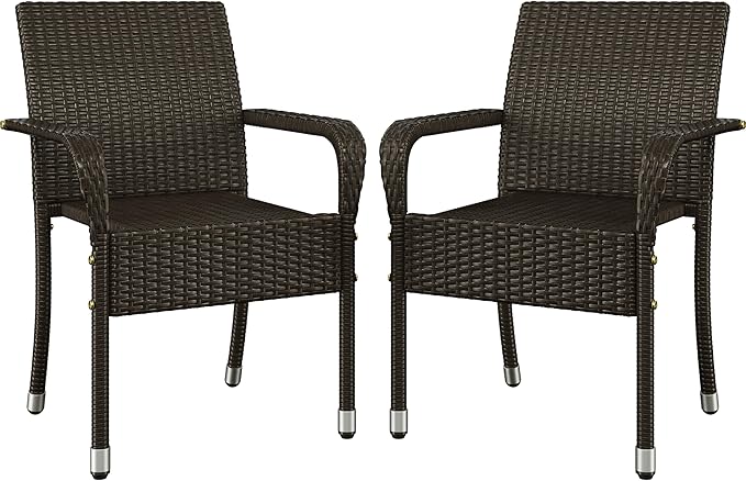 Yaheetech Set of 2 Stackable Outdoor Rattan Dining Chairs, All-Weather Armchair w/Armrests, Steel Frame for Garden, Patio, Deck, Yard, Poolside, Brown