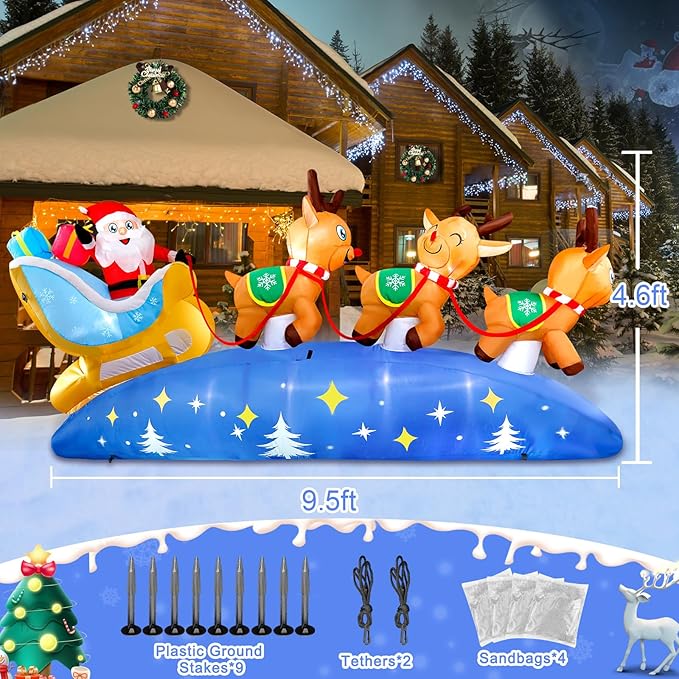 9.5FT Christmas Inflatables Outdoor Decorations Santa Claus on Sleigh with 3 Reindeer Christmas Blow ups Built in LED Lights Inflatable Christmas Decorations for Holiday Garden Lawn