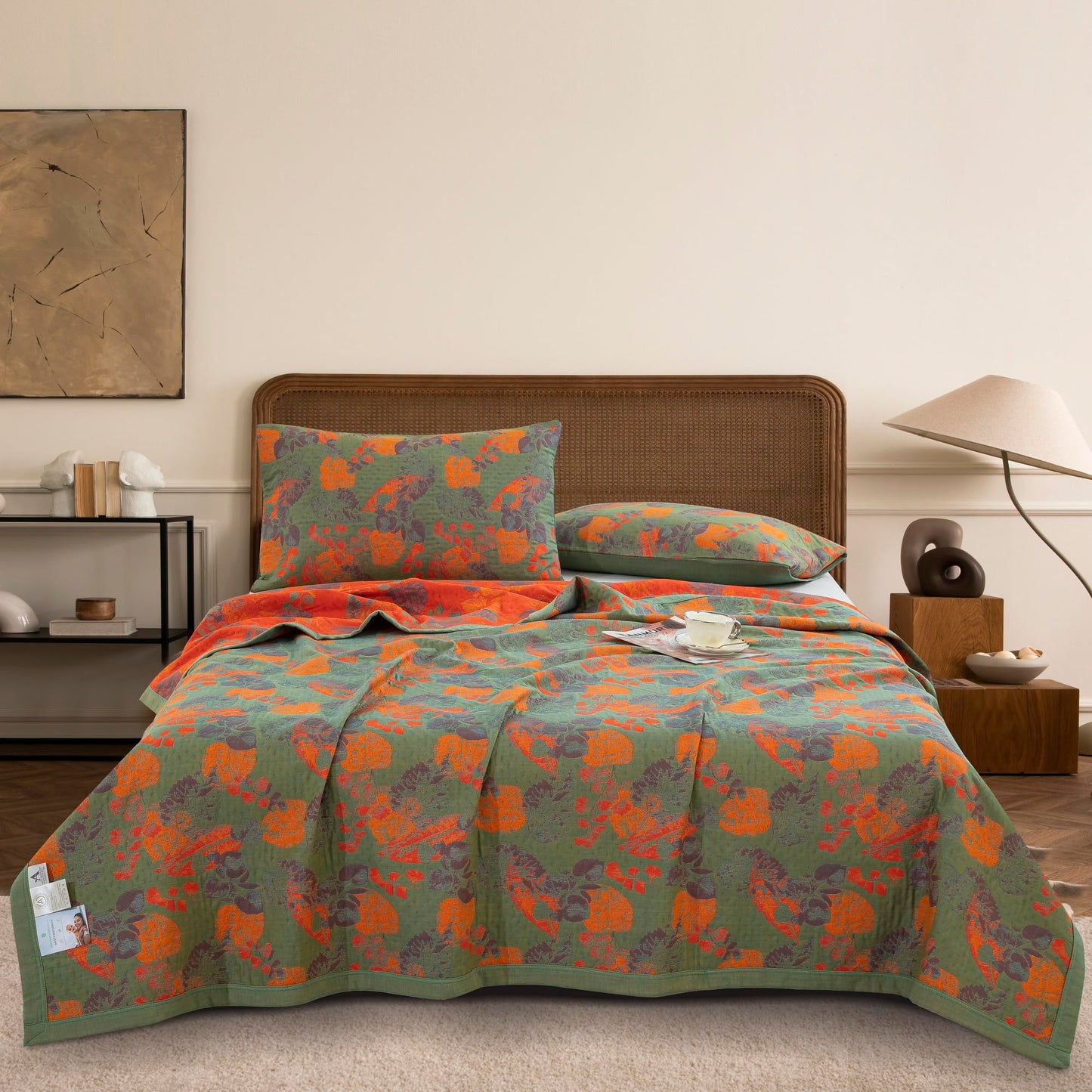 Purefair 100% Cotton Muslin Blanket Jacquard Ginkgo Leaf Floral Pattern Quilt, Soft Bed Cover Lightweight Breathable Gauzy Reversible Bedspread Coverlet Bedding Full/Queen(78"x94"), No Pillow Sham