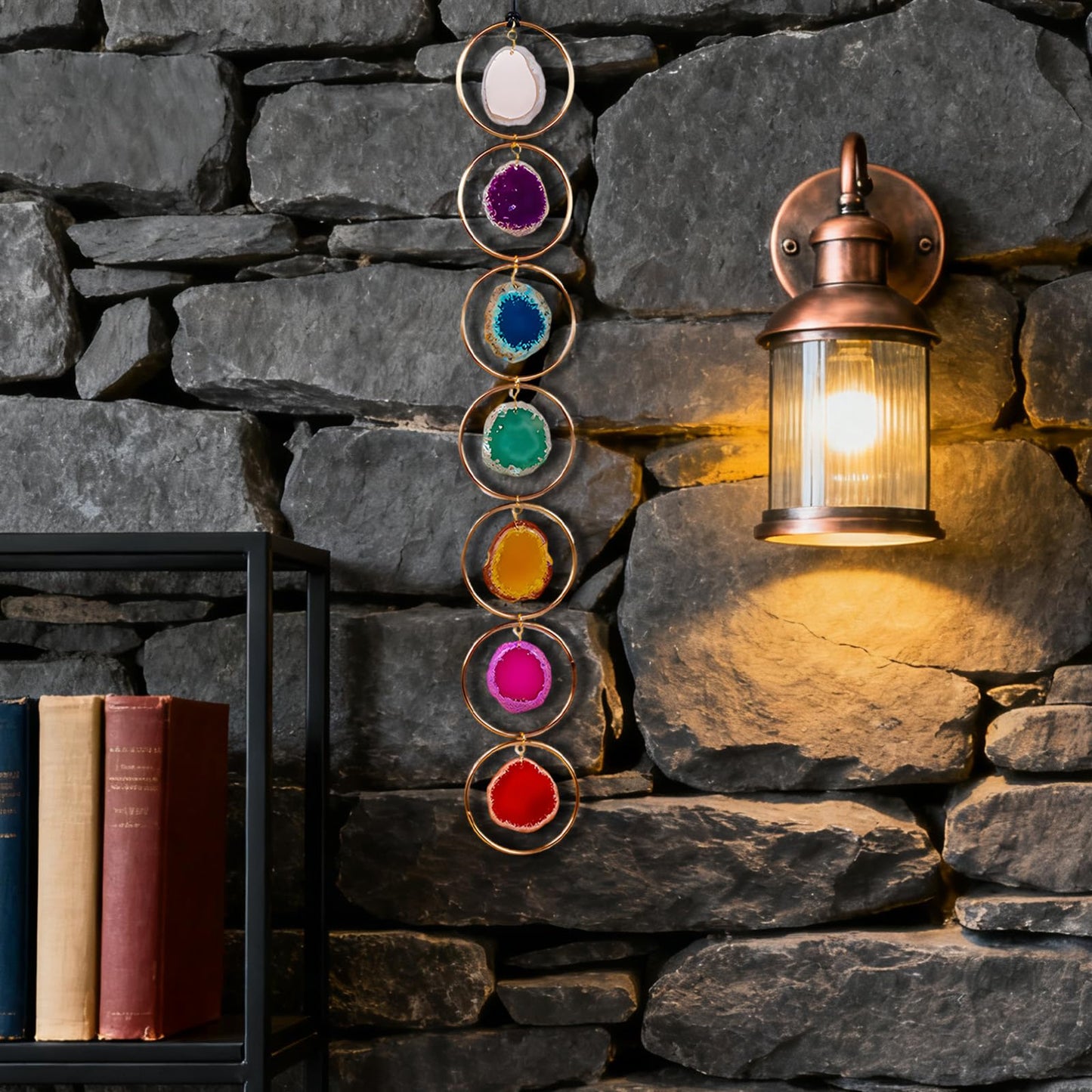 Texvora 7 Chakra Gemstone Wall Decor, 18.1 In Agate Slice, Natural Crystals With Gold Rings, Living Room Wall Hangings