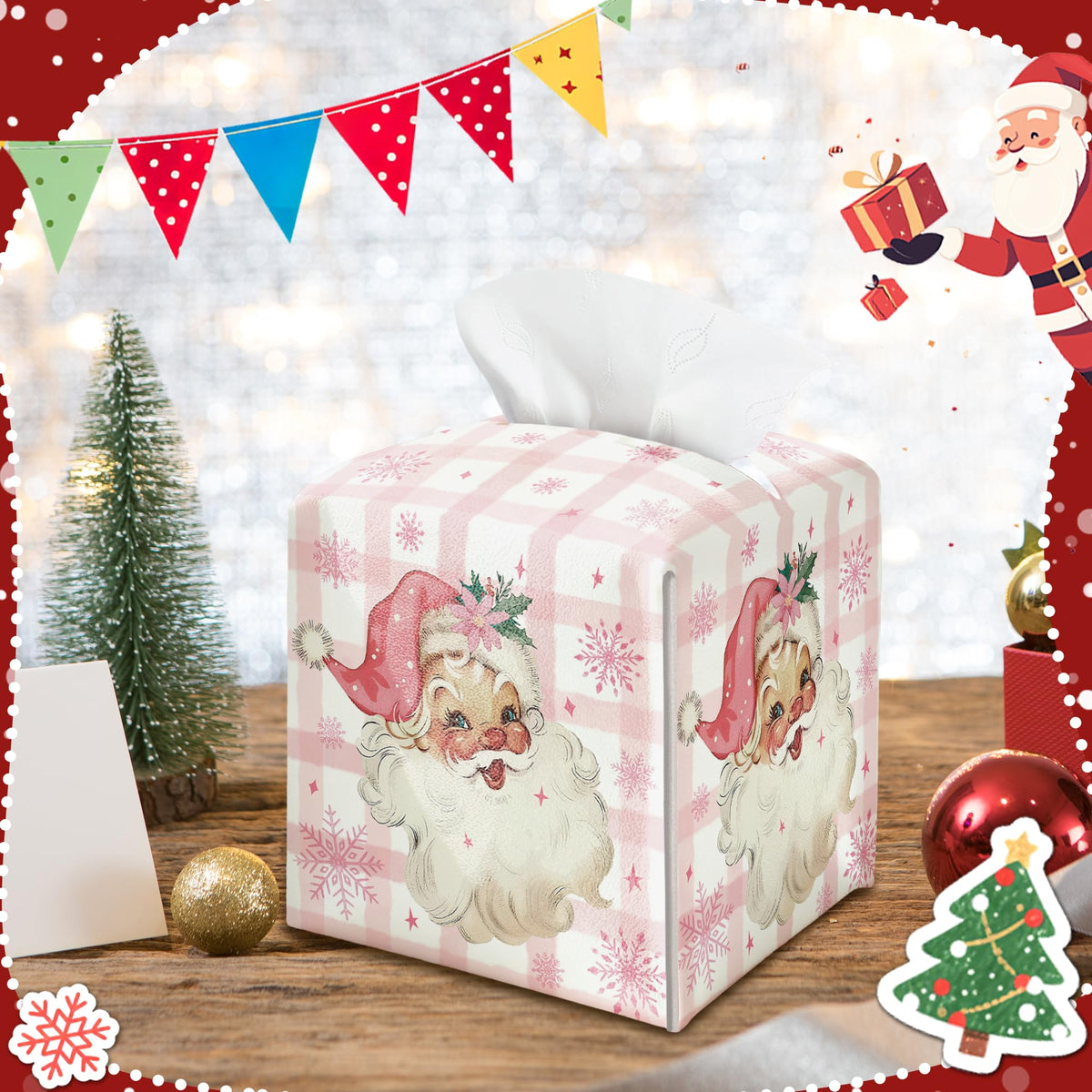 Christmas Box Cover Square, Santa Claus Pink Checkered Decorative Tissue Box Holder, Waterproof Leather Tissues Boxes Dispenser for Bathroom, Office, Car, Bedroom Nightstand, Home Decor