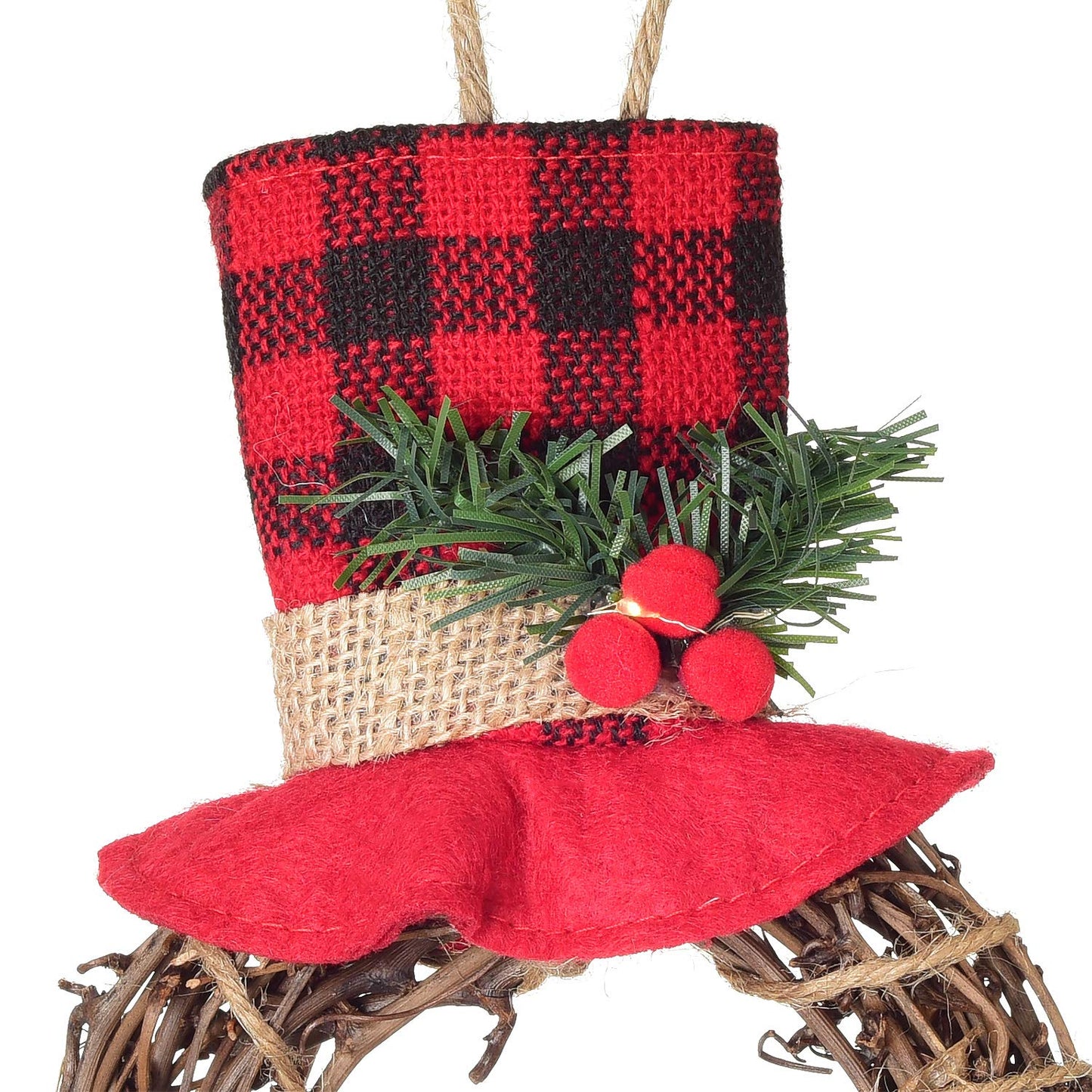 Lvydec Lighted Christmas Wreath Decoration - 16 x 8 Inch Grapevine Wreath with Hat and Bow Snowman Shape Wreath for Front Door Home Wall Decor