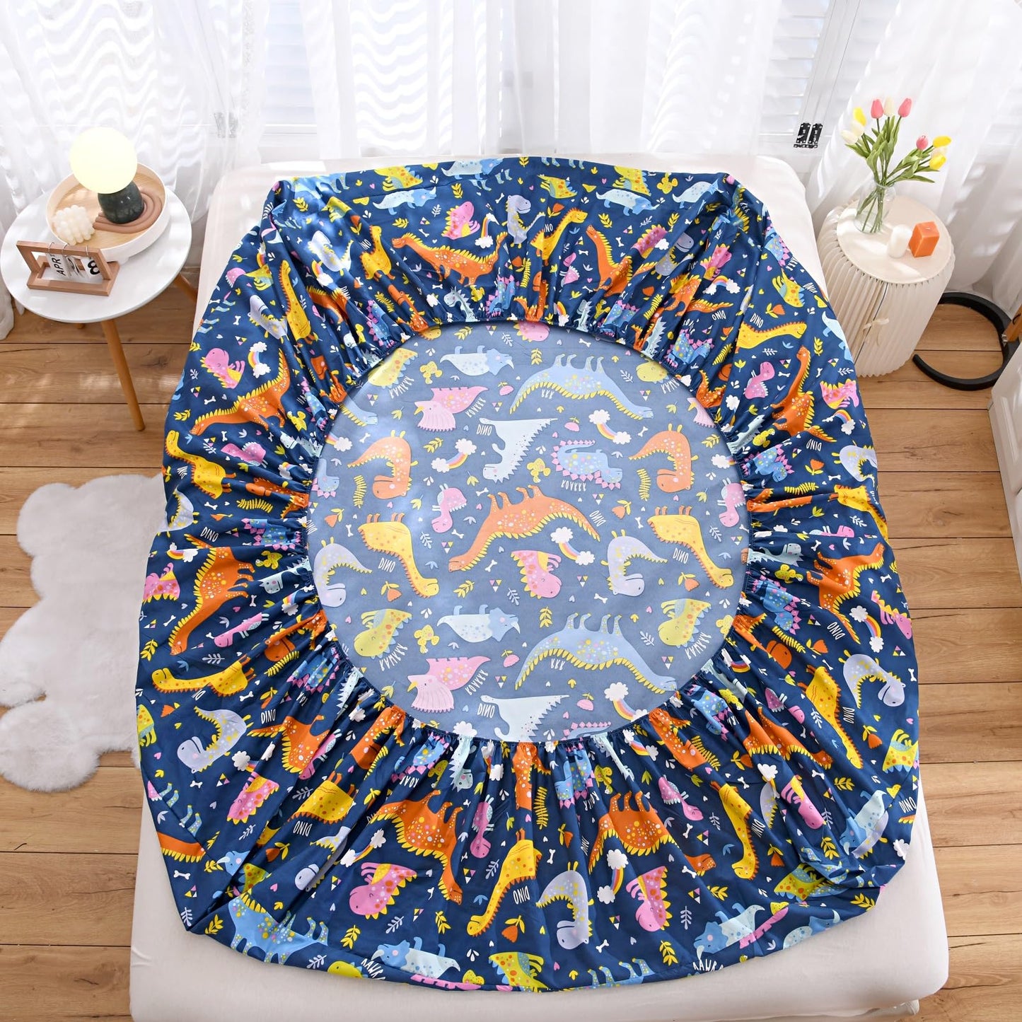 NATURETY Bedding Fitted Sheet with Deep Pocket,Dino Printed Thicken Soft Fabric Bed Sheets (Navy Blue(Dinosaur), Queen)