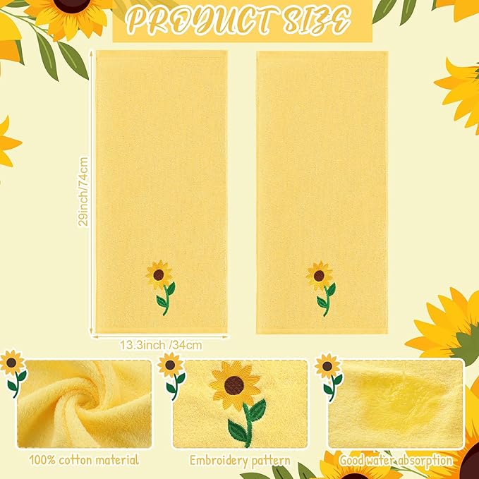 2 Pcs Sunflowers Hand Towels Bright Yellow Bathroom Decor 14x29 Inch
