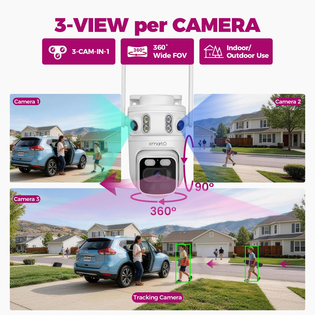 xmartO 16CH 16Pcs 6MP Tri-Lens PTZ Security Camera System, 16CH 4K WiFi 6 Mesh NVR with 1TB NVR, 3-View/Cam, Long Range Wireless, Plug-in 24/7 Home Surveillance, AI Detection, No Monthly Fees