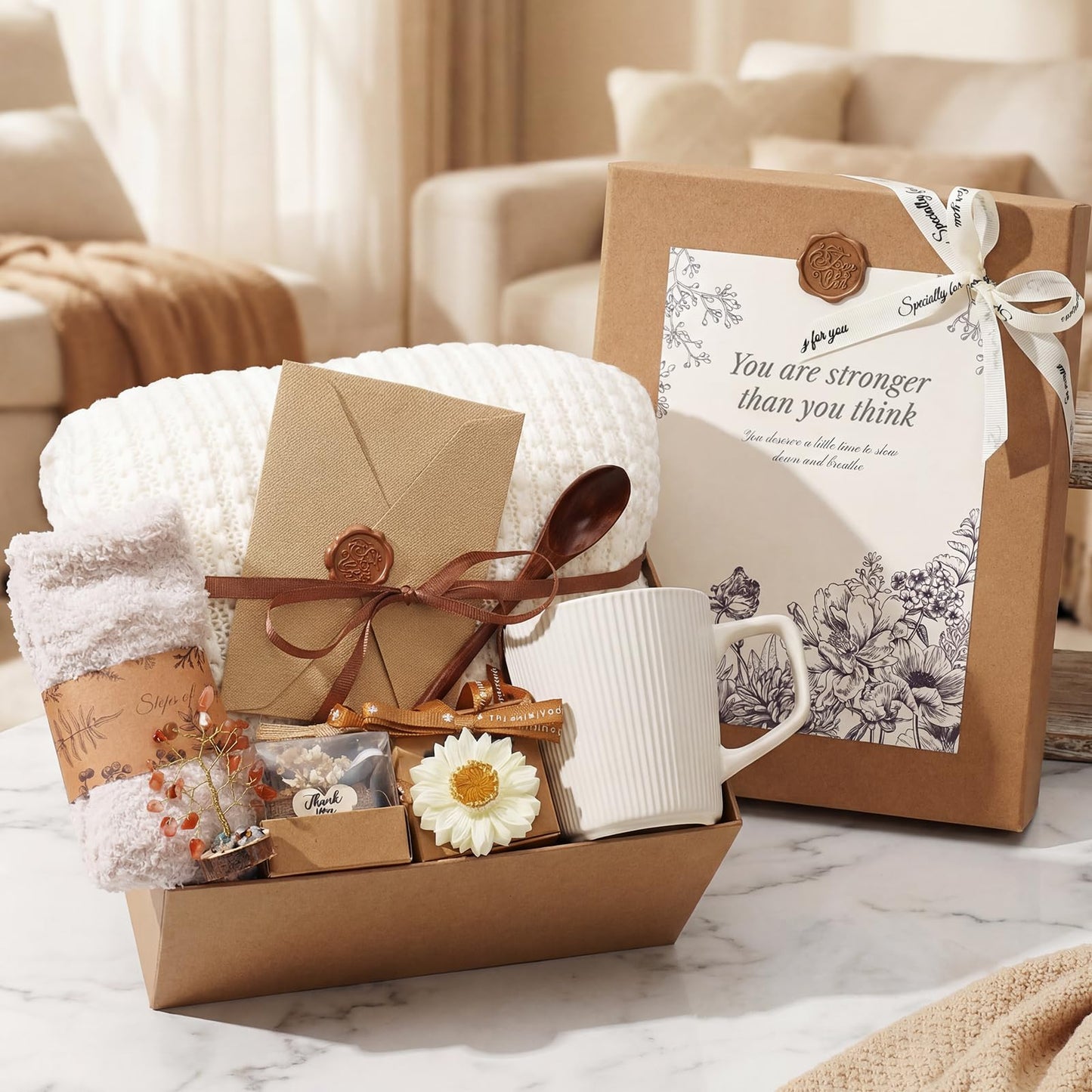 Get Well Soon Gifts Baskets for Women, Thinking of You Gift Comfort Gifts with Healing Crystals Tree, Sympathy Gift Feel Better After Surgery Recovery Wellness Hug in a Box for Her Mom Friends, Beige