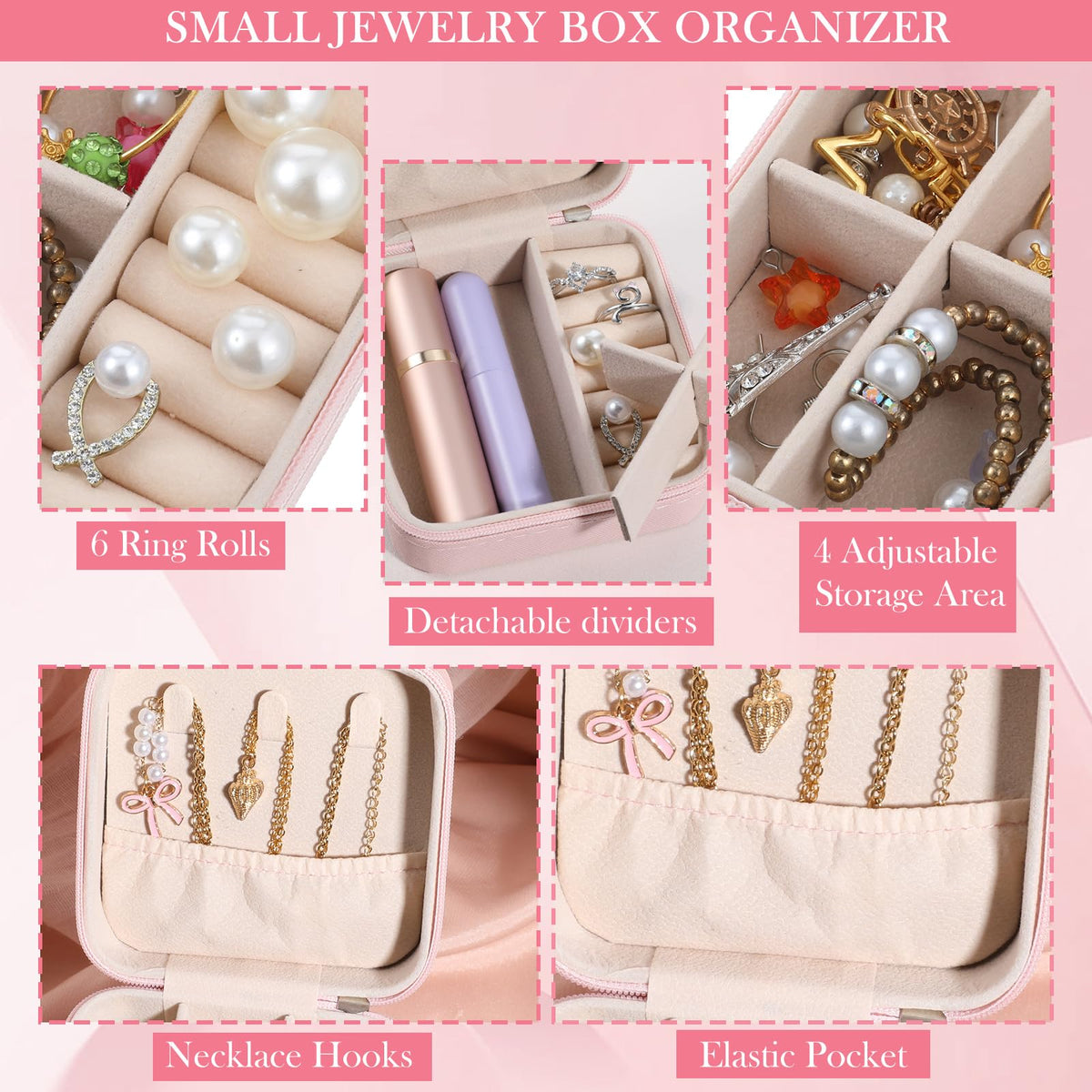 HOFURME 6 Pack Pink Travel Jewelry Case Bridesmaid Gifts Box, Small Jewelry Box Mini Jewelry Organizer, PU Leather Portable Earring Storage Box for Women Girls Bridesmaid Proposal Gifts