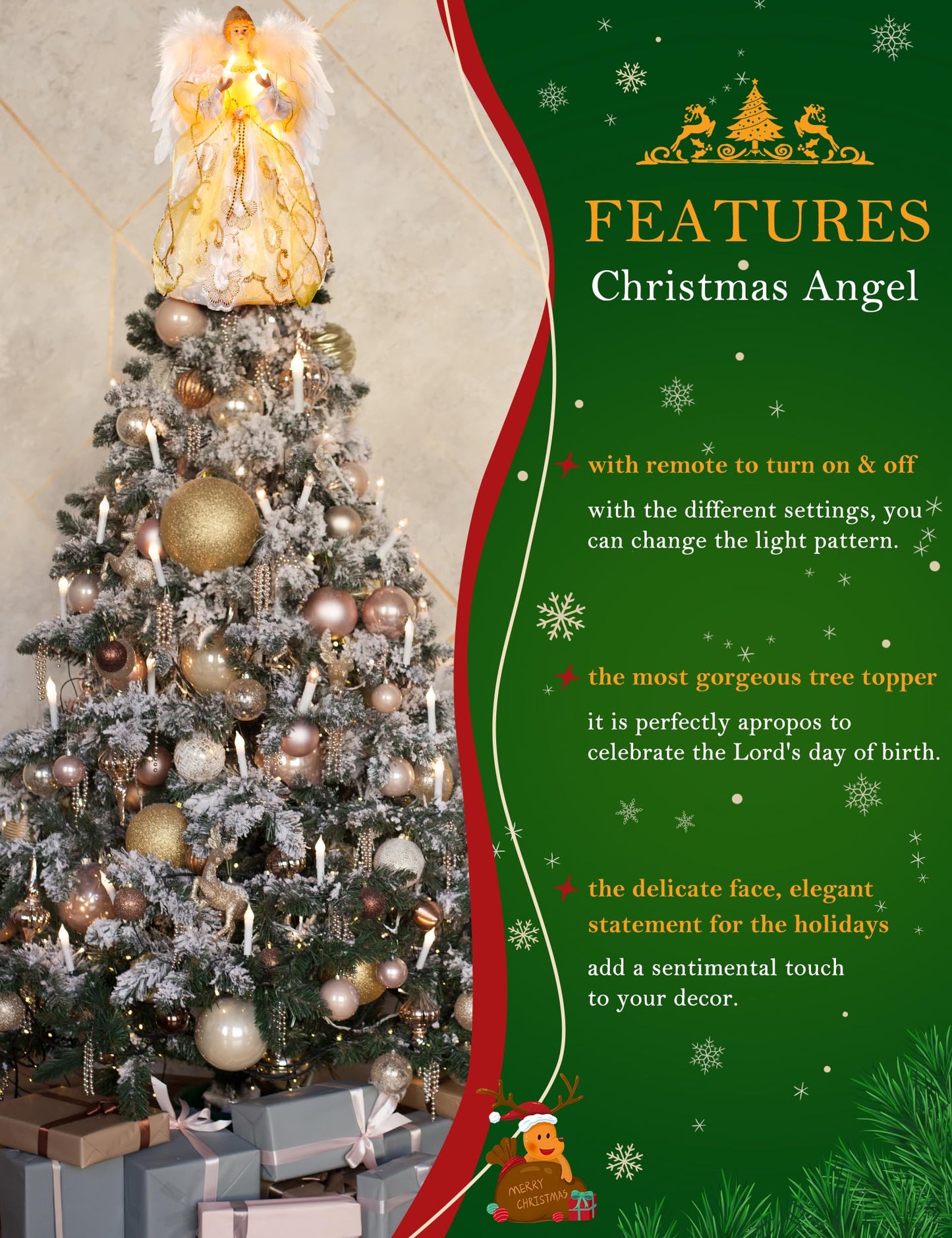 PEEKI Christmas Tree Topper, 12" Angel Treetop with Lights and Remote Control Timer, Christmas Tree Decoration for Holiday Ornament and Home Decor, Gold