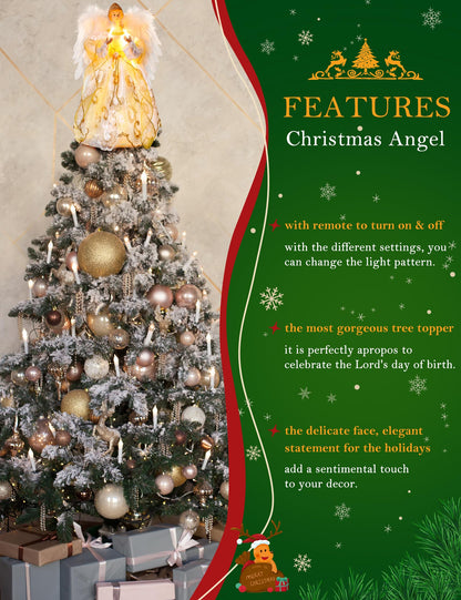 PEEKI Christmas Tree Topper, 12" Angel Treetop with Lights and Remote Control Timer, Christmas Tree Decoration for Holiday Ornament and Home Decor, Gold