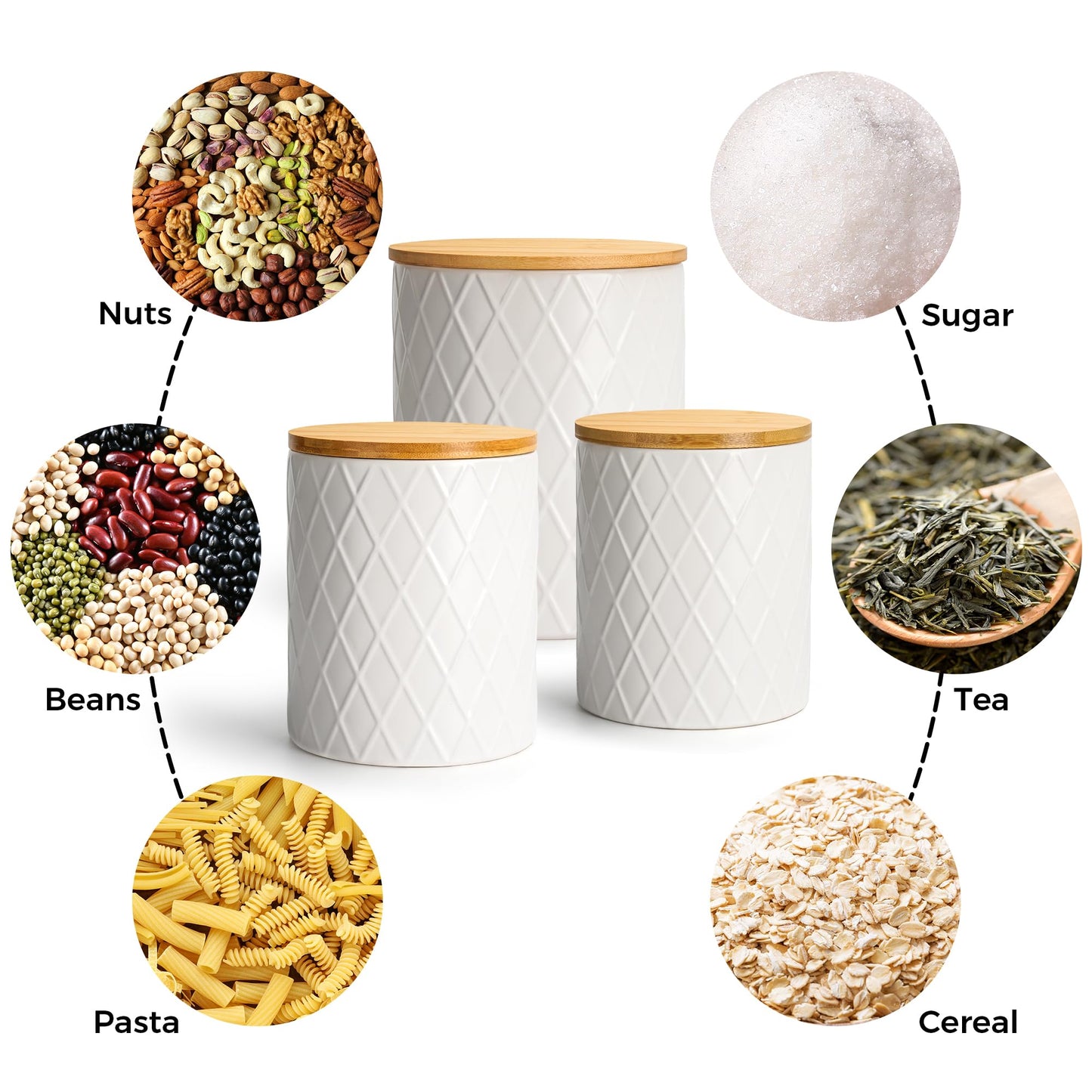 MIAMIO – Set of 3 Canister Sets for Kitchen Counter, Ceramic Kitchen Canister Set with Airtight Seal Wooden Lid - Perfect for Coffee, Tea, Sugar, Flour, Tea, Salt and More