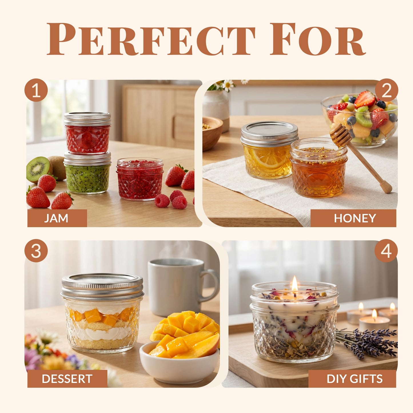 CycleMore 40 Pcs 4oz Clear Glass Mini Mason Jars With Silver Separable Lids and Diamond appearance, Small Spice Canning Jars for Honey, Jam, Jelly, Wedding Favors, Kitchen Food Storage