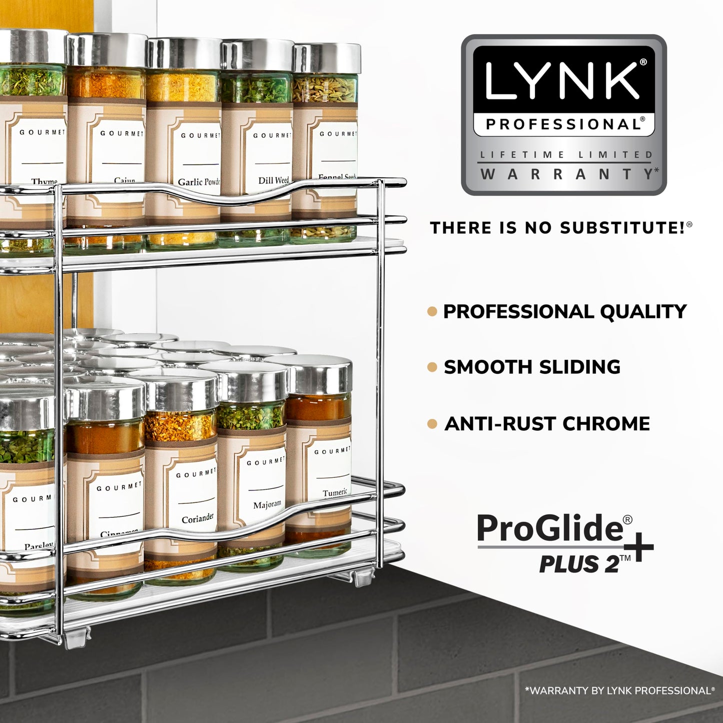 LYNK PROFESSIONAL® Pull Out Spice Rack Organizer for Inside Kitchen Cabinets - 4-1/4 inch Wide - Slide Out Drawer – Chrome Sliding Spice Cabinet Organization Shelf Racks - 2 Tier