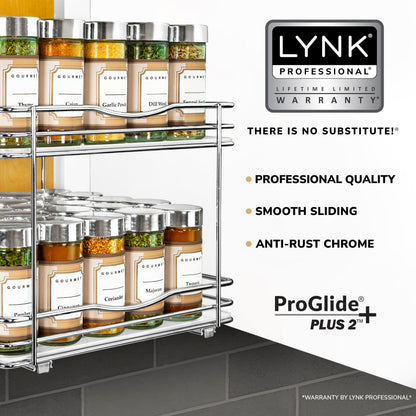 LYNK PROFESSIONAL® Pull Out Spice Rack Organizer for Inside Kitchen Cabinets - 4-1/4 inch Wide - Slide Out Drawer – Chrome Sliding Spice Cabinet Organization Shelf Racks - 2 Tier