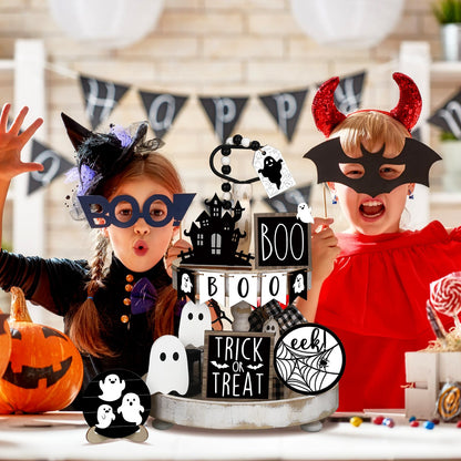 Umigy 15 Pcs Halloween Tiered Tray Decor Set Cute Ghost Tray Decorations Boo Halloween Wooden Signs Farmhouse Rustic Decoration for Home Table Party Supplies(Ghost)