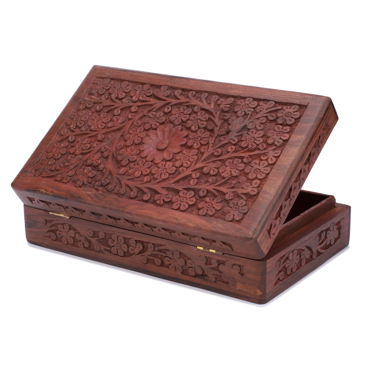 Ajuny Wooden Handcarved Decorative Jewelry Storage Box Flower Design Multipurpose Treasure Chest Keepsake Organizer Necklaces Watch Boxes Great for Gifts 8x5 Inch