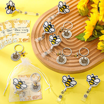 Spakon 12 Set Appreciation Gifts 12 Bee Retractable Badge Holder Clips Bee Keychains Thank You Cards for Valentine Day Office