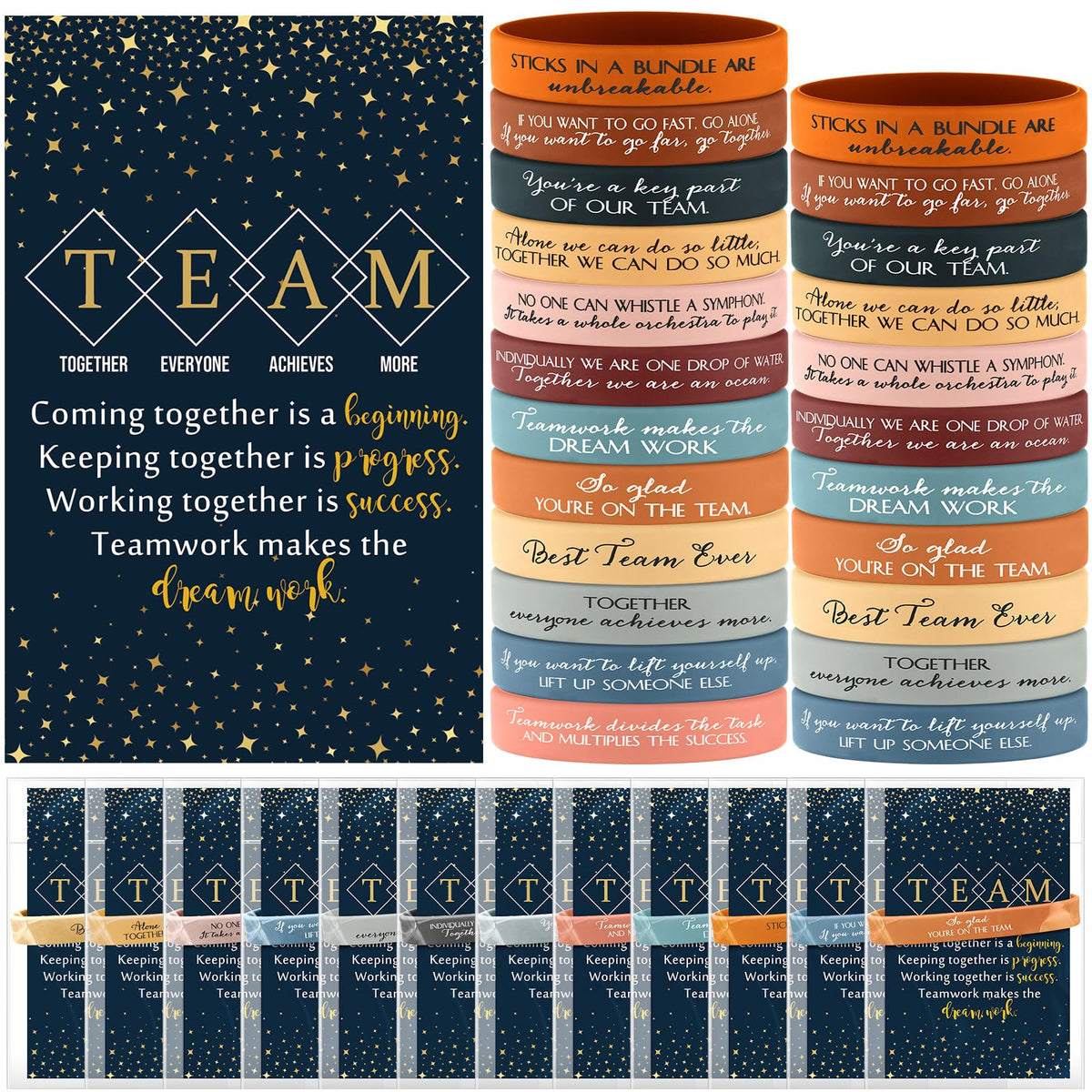 XunYee 48 Sets Team Appreciation Gifts for Employees Motivational Quote Silicone Bracelets Inspirational Card Office Gifts for Coworkers Staff Volunteer(Active Color)
