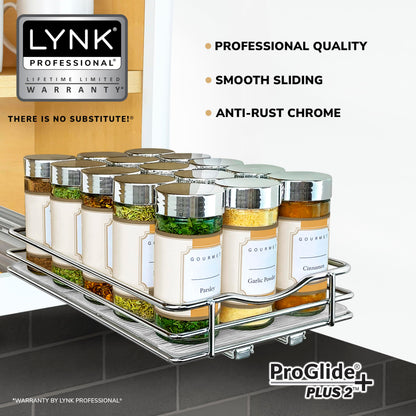 LYNK PROFESSIONAL® Pull Out Spice Rack Organizer for Inside Kitchen Cabinets - 4-1/4 inch Wide - Slide Out Drawer – Chrome Sliding Spice Cabinet Organization Shelf Racks - 2 Tier