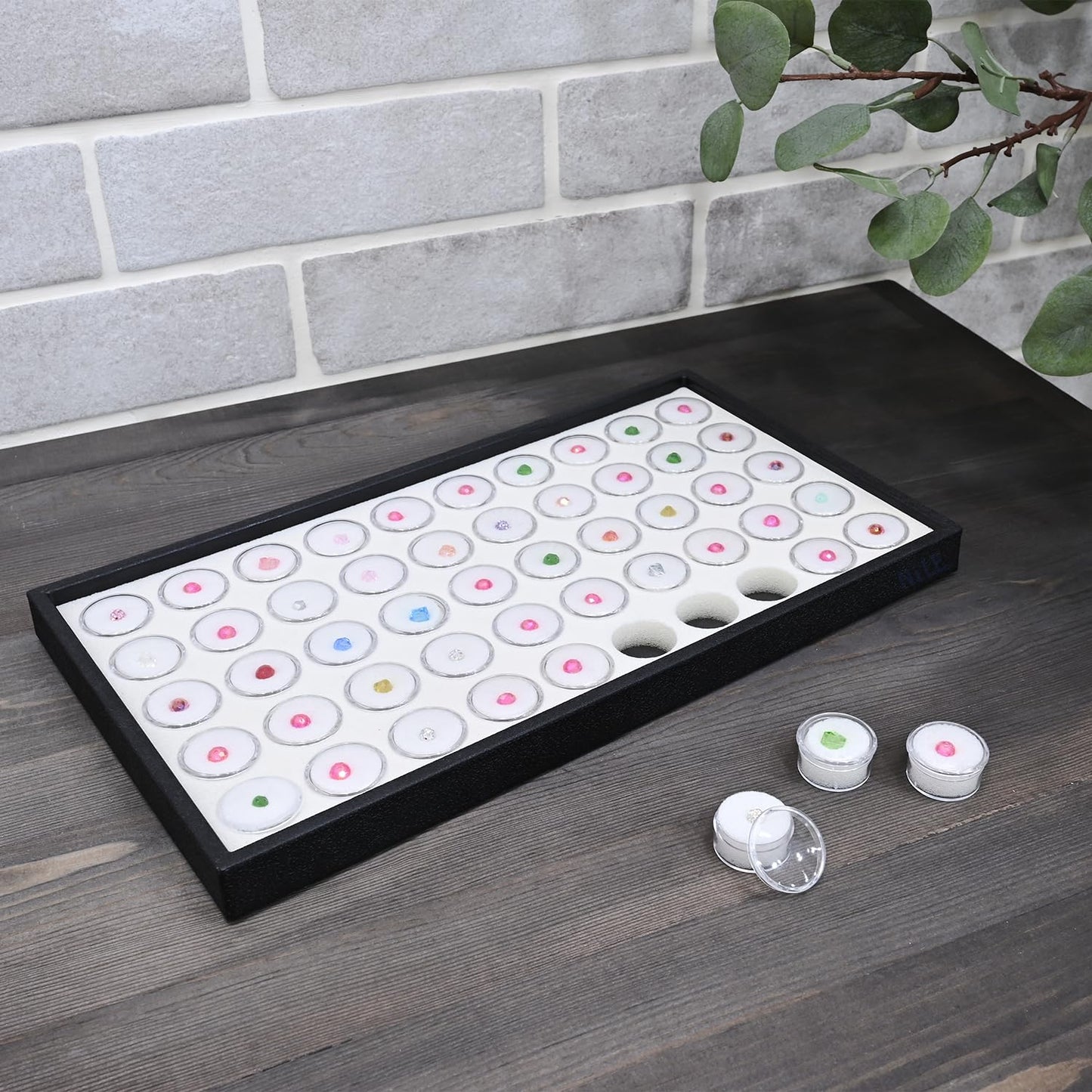 Ikee Design White Foam Gem Jars Showcase Stackable Display Tray for Collectibles, Home Organization Storage Box with 50 Gemstones and Bead Storage Jars, White Foam/Black Tray