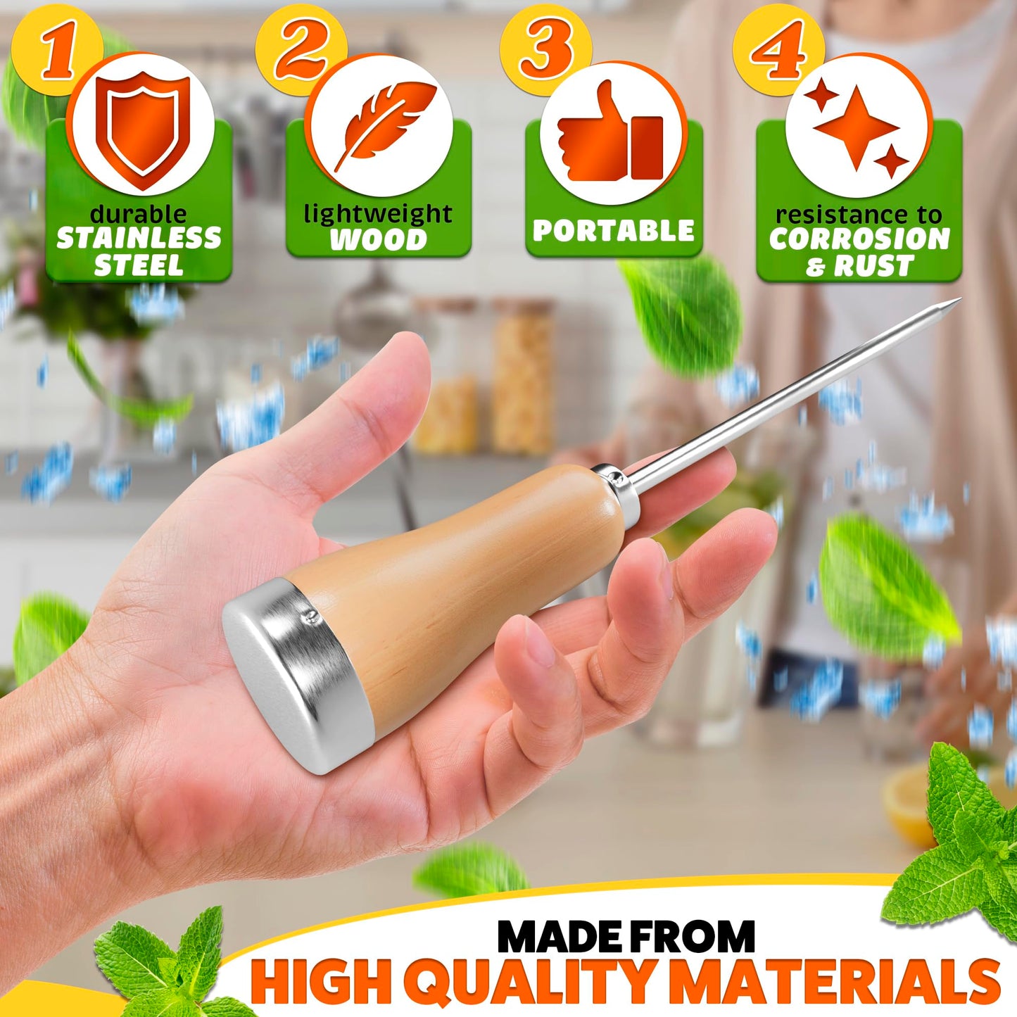 Ice Pick Tool with Stainless Steel Needle & Wooden Handle – Ice Picks for Breaking Ice In Freezer with Ergonomic Handle for Secure Grip – Designs for Kitchens, Bars & Camping Easy Breaking