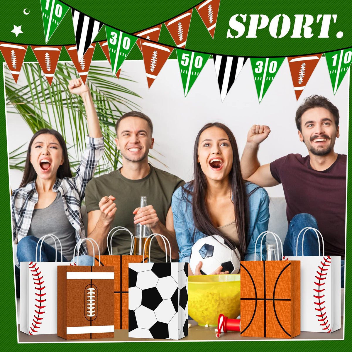 TaoBary 24 Pieces Sports Party Favor Bags Soccer Baseball Goodie Gift Bag with Handles for Football Basketball Baseball Sports Birthday Baby Shower Party Supplies Decoration