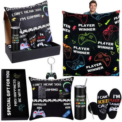 Ziliny 6 Pcs Gamer Gifts Sets for Boys Gaming Throw Blanket Tumblers Funny Pillow Covers Socks Keychain and Gifts Box for Boys Men Teen Gamer Lover