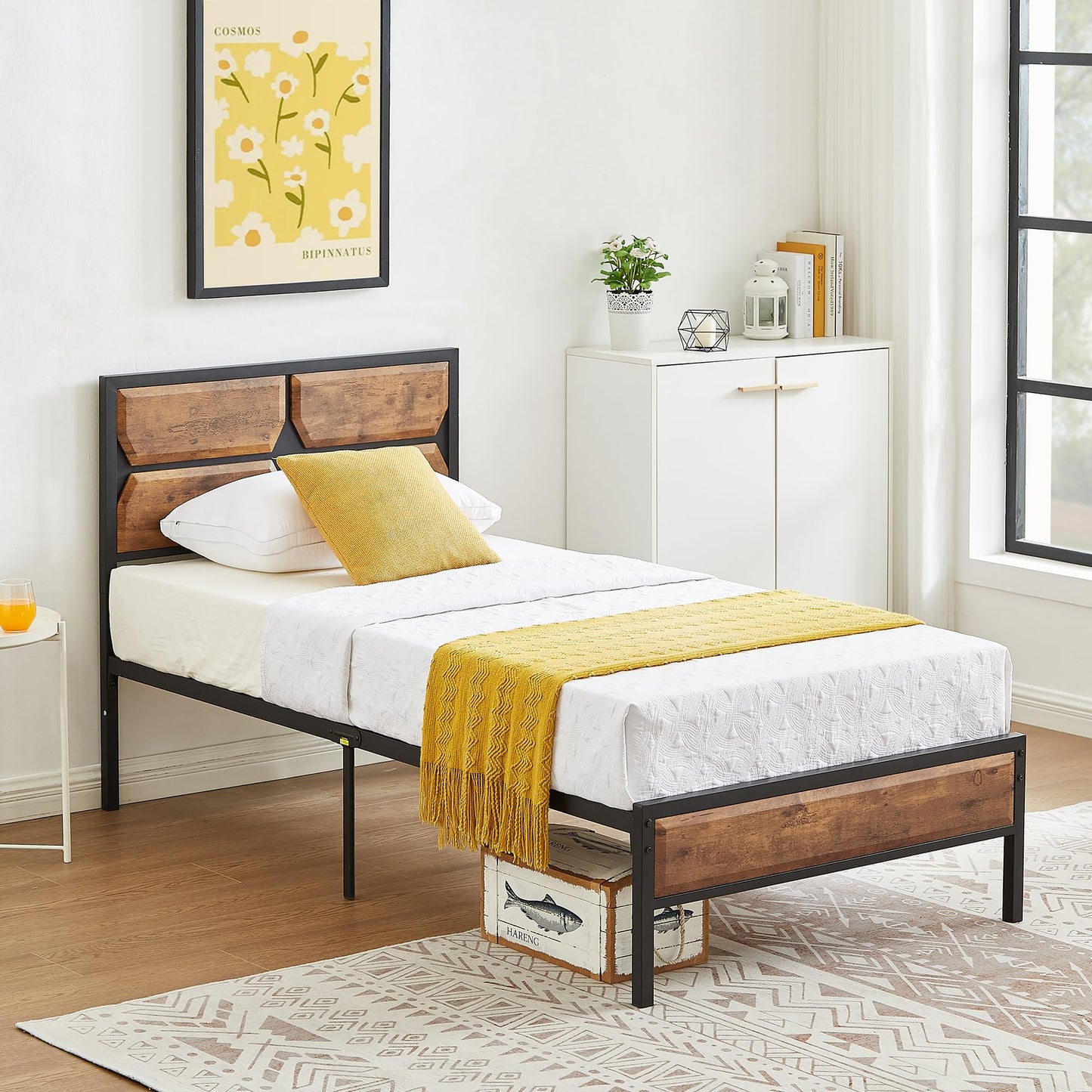 VECELO Twin Bed Frame Twin Size Bed with Wooden Headboard & Footboard, Metal Platform Mattress Foundation with Strong Slats Support& Storage Space, No Box Spring Needed/Easily Assemble