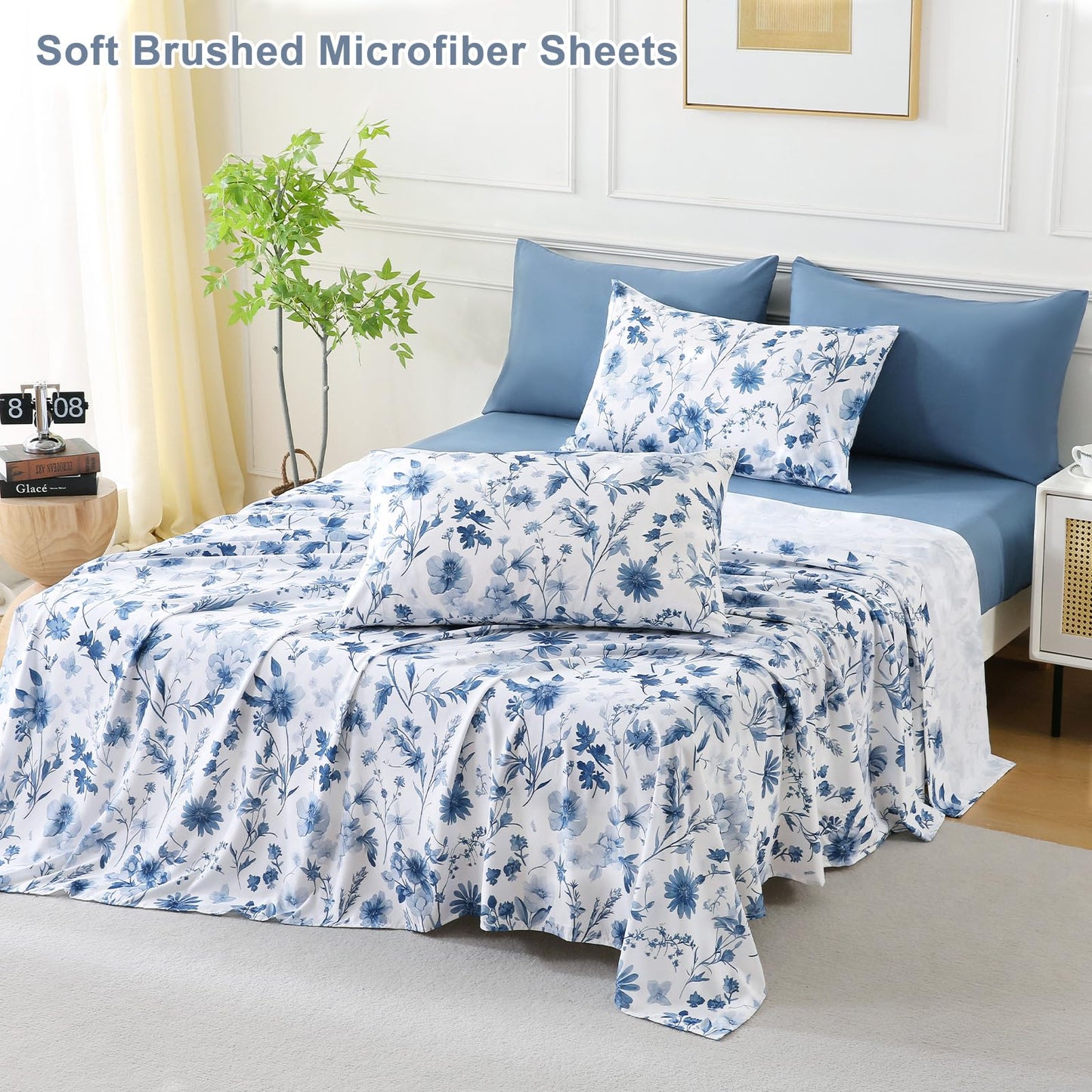 Botanical 6-Piece Queen Bed Sheets Set, Boho Floral Print Brushed Microfiber Sheets, Cooling Bed Sheet Set, Ultra Soft & Breathable, 16' Deep Pocket Fitted Sheet & Pillowcase Set, Grey Blue Floral
