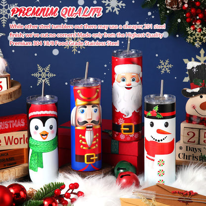 Maxdot 4 Pcs Christmas Tumbler with Lid and Straw Stainless Steel Christmas Cup Double-Insulated Water Travel Mug Vacuum Tumbler with Cleaning Brush Xmas Gift(Vivid Style,Red/green/white)