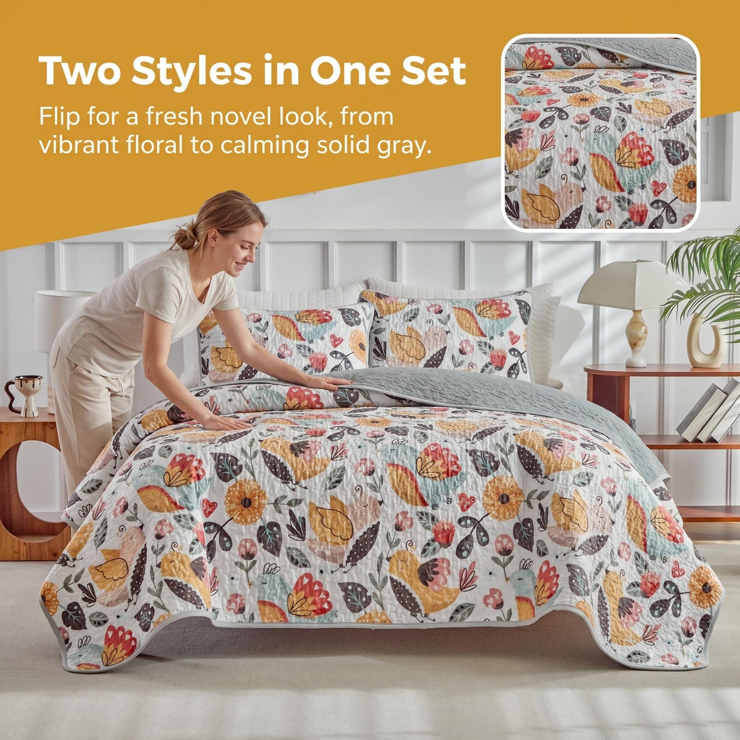 SANOCAY Boho Floral Quilt Set Queen Size, 3 Piece Lightweight Summer Bedding Set with 2 Pillow Shams, Soft Reversible Microfiber Bedspread, Farmhouse Coverlet for All Season (Bird, Queen)