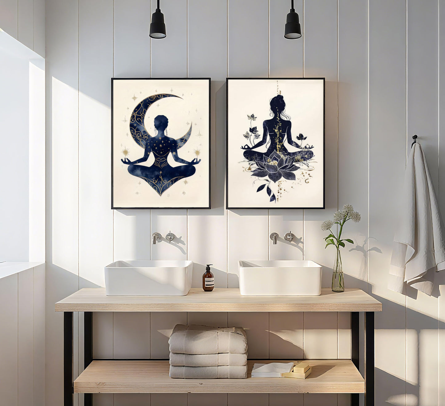 QGJQCFY 2Pcs Celestial Yoga Lotus Moon Canvas Wall Art