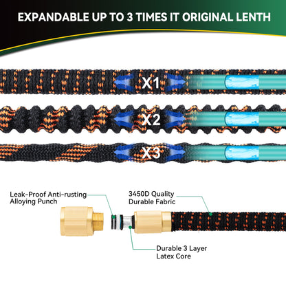 Expandable Hose Pipe 100FT, Upgraded 3-Layer Latex No-Kink Flexible Garden Hose, 3/4"&1/2" Metal Connectors, 10 Function Spray Nozzle, Water Hose for Gardening, Washing & Cleaning (100ft/30m)