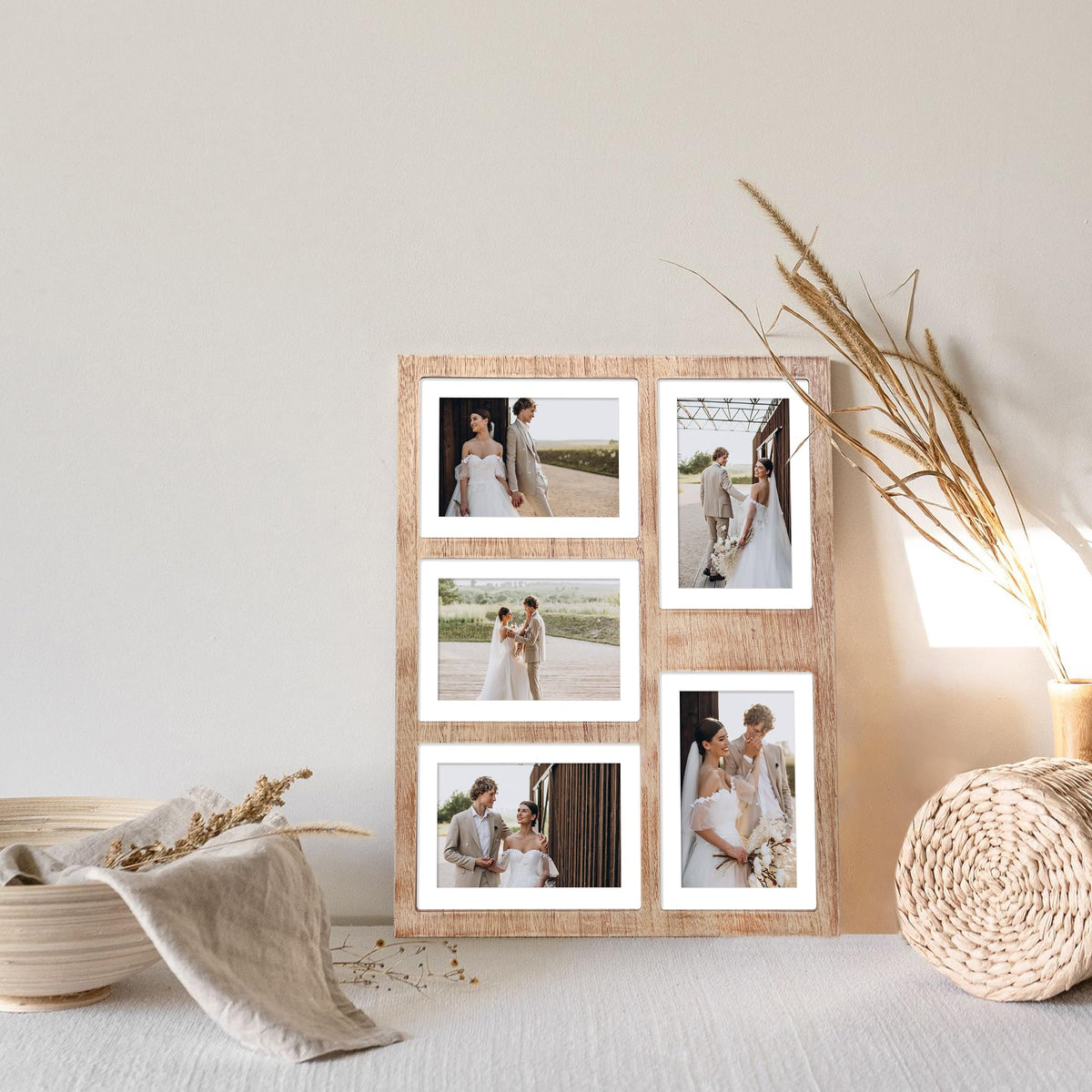 YESKAY 4x6 or 5x7 Picture Frames, Rustic Brown Wooden Frame with Real Glass, Displays Pictures Five 4x6 with Mat or 5Pcs 5x7 without Mat for Wall Mounting, Photo Collage Frame